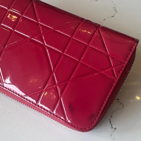 Dior Cannage Patent Leather Long Wallet Hot Pink Zip Clutch with Card - Picture 6 of 7